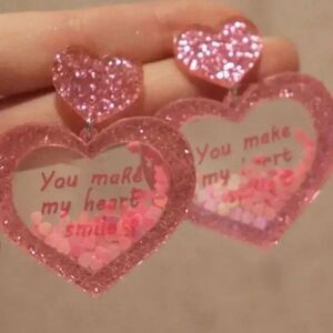 You Make Me' Pink Sequins Heart Acrylic Earrings